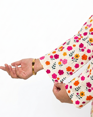 Plum Digital Lawn Off White Colour Printed Yellow Pink Orange Flowers With Pink Buttons On 2 Pc stitched suit for Girls.