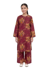 Plum Khaddar Maroon Colour Printed Yellow Green Pink Flowers with Olive Buttons on 2pc stitched suit for Girls.