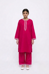 Plum Lawn Dark Pink Colour Embroidered with White threads on 2pc Sitched Suit for Girls