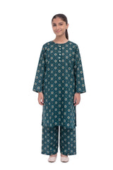 Plum Khaddar Teal colour printed White Rust patterns with White buttons on 2pc stitched suit for Girls.