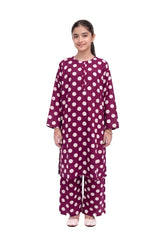 Plum Lilen (imported fabric) Dark Purple Colour printed White Dots with Purple buttons on 2pc stitched suit for Girls.