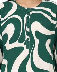 Plum Lilen (imported Fabric) printed Green & White Patterns with Green buttons on 2pc stitched suit for Girls.