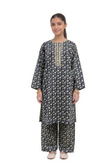 Plum Khaddar Black Colour printed Beige flowers embroidered with Beige threads on 2pc stitched suit for Girls