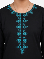 Plum 100 % Cotton Lawn  Black Colour Embroidered with Light Blue threads on 2pc Sitched Suit for Girls