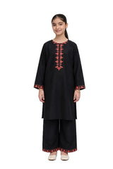 Plum Khaddar Black Colour embroidered with Rust Threads on 2pc stitched suit for Girls.