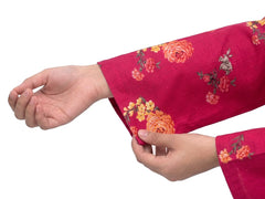Plum Khaddar Pink Colour printed Pink Yellow Flowers with Yellow buttons on 2pc stitched suit for Girls.