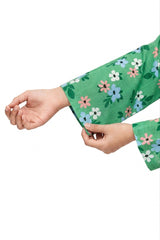 Plum Khaddar Green colour printed White Pink Blue Flowers with White buttons on 2pc stitched suit for Girls.