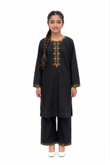 Plum Khadder Black colour embroidered with Dark Yellow threads on 2pc stitched suit for Girls.