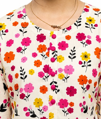 Plum Digital Lawn Off White Colour Printed Yellow Pink Orange Flowers With Pink Buttons On 2 Pc stitched suit for Girls.