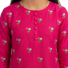 Plum Khaddar Pink colour printed Sky Blue & Green Flowers with Pink buttons on 2pc stitched suit for Girls