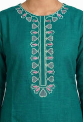 Plum Khaddar Teal Colour embroidered with Green & Pink threads on 2pc stitched suit for Girls.