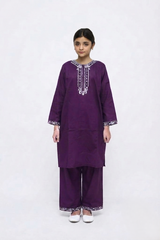 Plum Lawn Dark Purple Colour With White embriodred threads on 2pc Sitched Suit for Girls