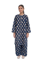 Plum Khaddar Blue colour printed Yellow White Motifz with White buttons on 2pc stitched suit for Girls