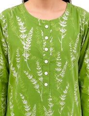 Plum Lilen (imported Fabric) Green colour printed White Patters with White buttons on 2pc stitched suit for Girls.
