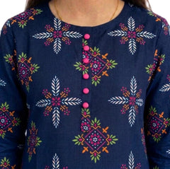 Plum Khaddar Dark Blue Colour printed Green Pink White Motifz with Pink buttons on 2pc stitched suit for Girls