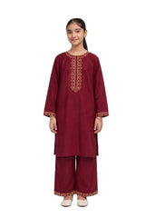 Plum Khaddar Maroon Colour embroidered with Golden & Blue Threads on 2pc stitched suit for Girls.