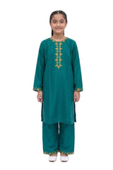 Plum Khaddar Teal colour embroidered with Yellow threads on 2pc stitched suit for Girls.