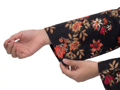 Plum Khaddar Black Colour printed Orange Yellow White Flowers with Orange buttons on 2pc stitched suit for Girls.
