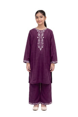 Plum Dhanak Dark Purple Colour embroidered with Light Purple threads on 2pc stitched suit for Girls.
