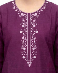 Plum Dhanak Dark Purple Colour embroidered with Light Purple threads on 2pc stitched suit for Girls.