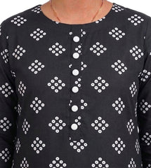 Plum Lilen (imported fabric) Black Colour White Patterns with White buttons on 2pc stitched suit for Girls.