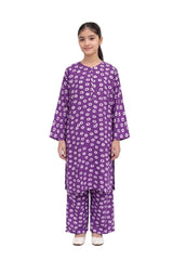 Plum Lilen (imported fabric) Purple Colour printed White patterns with White buttons on 2pc stitched suit for Girls.
