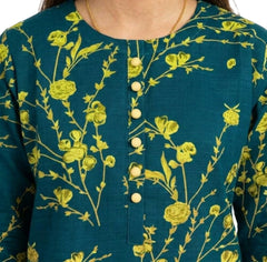 Plum Khaddar Teal colour printed Green Flowers with Yellow buttons on 2pc stitched suit for Girls