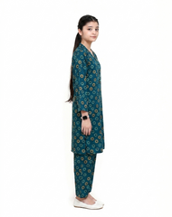 Plum Digital Lawn Teal Colour printed Yellow Mint Patterns with turquoise buttons On 2 Pc stitched suit for Girls