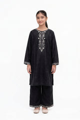 Plum Khaddar Black Colour embroidered with Grey threads on 2pc stitched suit for Girls.
