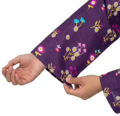 Plum Khaddar Dark Purple colour printed  Purple Blue White Flowers with Yellow buttons on 2pc stitched suit for Girls