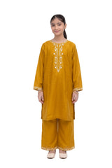 Plum Khaddar Mustard Colour embroidered with Light Mustard threads on 2pc stitched suit for Girls.