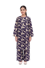 Plum Khaddar Off-White colour printed Blue Flowers with Off White buttons on 2pc stitched suit for Girls.