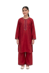 Plum Khaddar  Light Maroon Colour embroidered with Mustard & Purple threads on 2pc stitched suit for Girls.