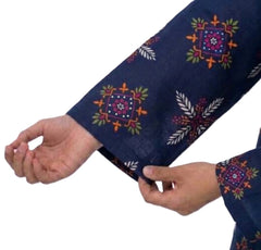 Plum Khaddar Dark Blue Colour printed Green Pink White Motifz with Pink buttons on 2pc stitched suit for Girls