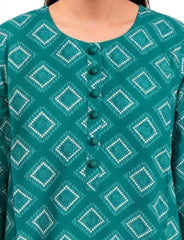 Plum Lilen (imported Fabric) Sea Green colour printed White Patters with Sea Green buttons on 2pc stitched suit for Girls.
