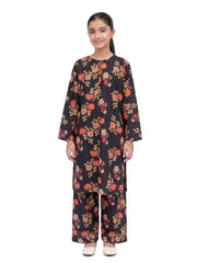 Plum Khaddar Black Colour printed Orange Yellow White Flowers with Orange buttons on 2pc stitched suit for Girls.