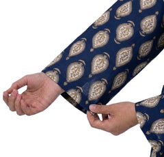 Plum Khaddar Blue colour printed Yellow White Motifz with White buttons on 2pc stitched suit for Girls