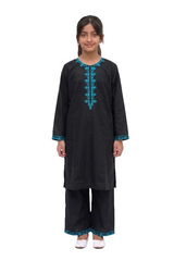 Plum 100 % Cotton Lawn  Black Colour Embroidered with Light Blue threads on 2pc Sitched Suit for Girls
