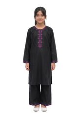 Plum Khaddar Black colour embroidered with Purple threads on 2pc stitched suit for Girls.