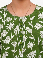 Plum Khaddar Printed Green & Off White Flowers with Green buttons on 2pc Sitched Suit for Girls