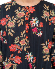 Plum Khaddar Black Colour printed Orange Yellow White Flowers with Orange buttons on 2pc stitched suit for Girls.