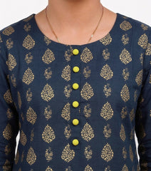 Plum Khaddar Black Colour Printed Yellow Patterns with Yellow buttons on 2pc Sitched Suit for Girls