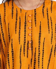 Plum Khaddar Mustard colour printed Black Patterns with Mustard buttons on 2pc stitched suit for Girls.