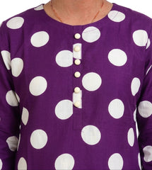 Plum Lilen (imported Fabric) Purple colour printed White Dots with White buttons on 2pc stitched suit for Girls.