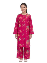 Plum Khaddar Pink Colour printed Pink Yellow Flowers with Yellow buttons on 2pc stitched suit for Girls.