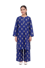 Plum Khaddar Dark Blue Colour Printed Off- White Patterns with White Buttons on 2pc stitched suit for Girls.