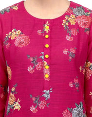 Plum Khaddar Pink Colour printed Pink Yellow Flowers with Yellow buttons on 2pc stitched suit for Girls.