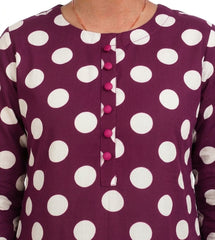 Plum Lilen (imported fabric) Dark Purple Colour printed White Dots with Purple buttons on 2pc stitched suit for Girls.