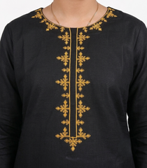 Plum Khadder Black colour embroidered with Dark Yellow threads on 2pc stitched suit for Girls.