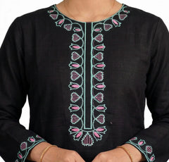 Plum Khaddar Black Colour embroidered with Green & Pink threads on 2pc stitched suit for Girls.